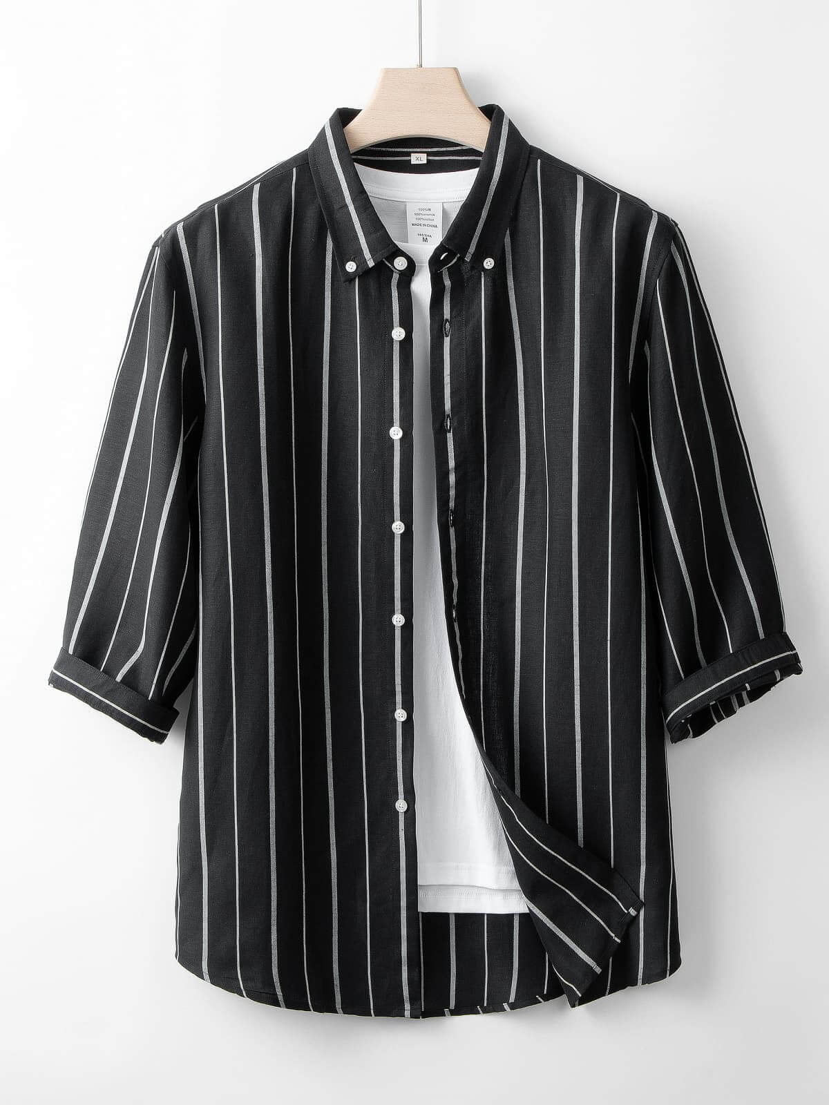 3/4 Sleeved Black Striped Cotton Linen Shirt [LINENESE-002] 02