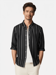 3/4 Sleeved Black Striped Cotton Linen Shirt [LINENESE-002] 01