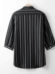 3/4 Sleeved Black Striped Cotton Linen Shirt [LINENESE-002] 03